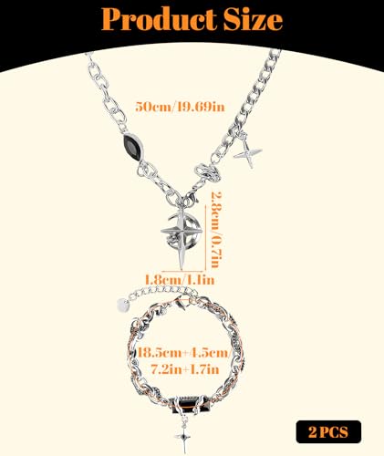 Image of 2 Pcs Gothic Jewellery Set, Edgy Moon Crescent and Star Necklace with Matching Chain Bracelet, Unisex Alternative Fashion Accessory for Men and Women, Perfect for Concerts, Festivals and Gift Giving