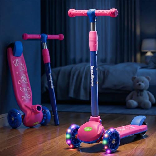 Image of Baybee Rydon Kids Scooter with 3 Height Adjustments | Portable Kick Scooter with PU LED Lights & Rear Brake | 3 Wheel Skating Scooter | Runner Scooter for Kids 2 to 10 Years Boys Girls (Pink)