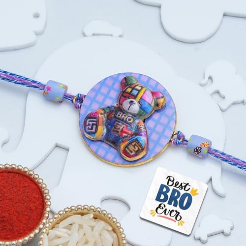 Image of eCraftIndia Teddy Bear Bro Design Rakhi for Kids Girls Boys with Best Bro Ever Fridge Magnet | Raksha Bandhan Fridge Magnet Kids Rakhi for Brother Bhaiya Bhai | Roli Chawal Pack