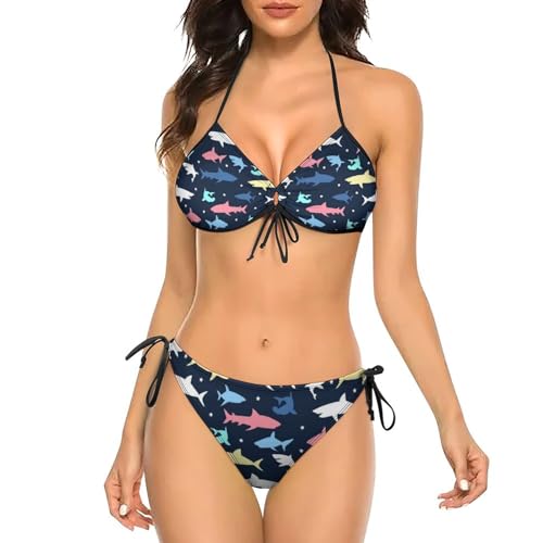 Ysidec Colorful Shark Nautical Women Two Piece Bikini Set Halter