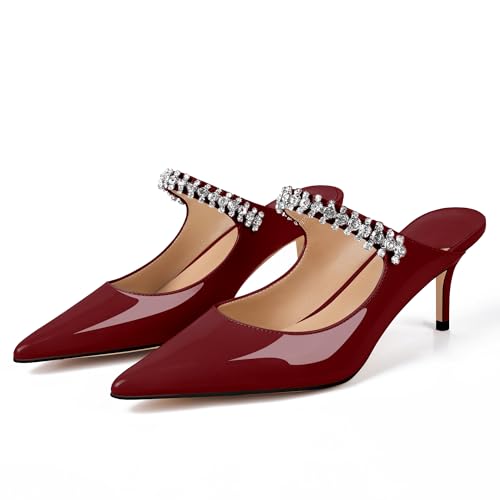 Image of XINIUNIU Heeled Mules for Women Rhinestone Heels Pointed Toe Slip On 2.5 Inch Kitten Stiletto Closed Toe Sandals Dress Wedding Pump Shoes