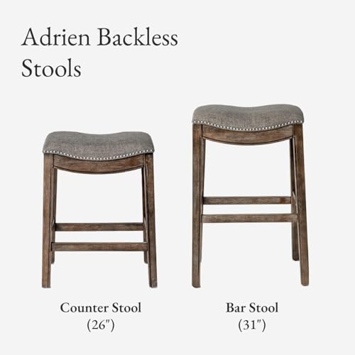 Image of Maven Lane Adrien Backless Counter Stool - 26 Inches - Saddle Stool with Footrest - Brown Solid Wood Frame & Grey Fabric Upholstery - Perfect for Kitchen Islands & Counters