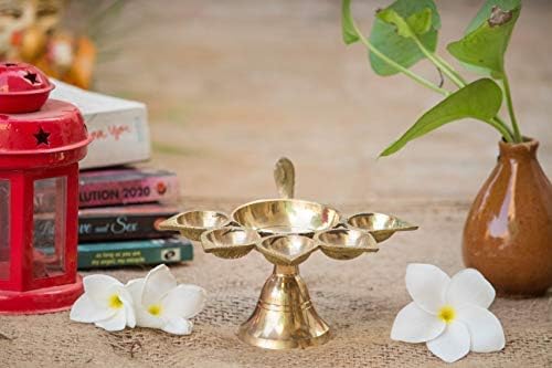 phareLamp Presents Brass Panch Aarti Diya Oil Lamp Handheld Pancharti Jyoti Deepak Stand As Puja Accessaries (21.5X15X9 cm, Golden) #A207