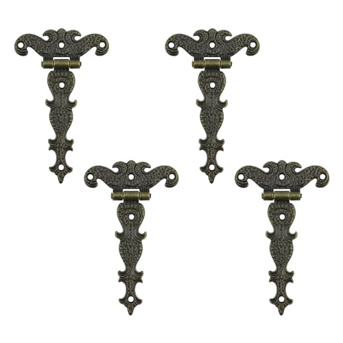 INCREWAY Antique Folding T-Hinges,4PCS Bronze Decorative Hinges Retro Carved Hardware for Doors Cabinet Cupboard & Jewelry Box