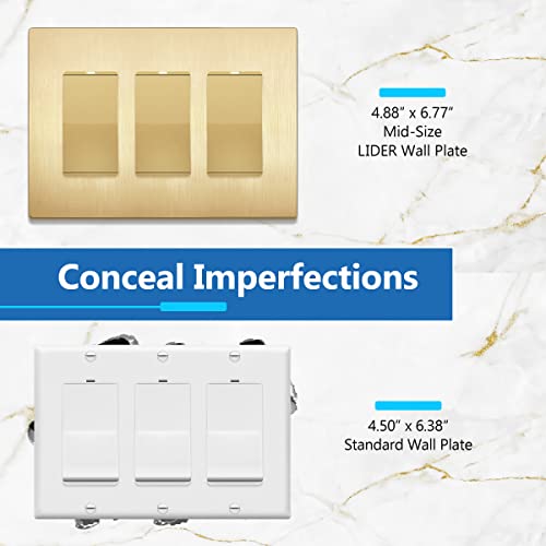 Image of LIDER Decorator Switch Cover, Screwless Wall Plate, Mid-Size 3-Gang 4.88 inch x 6.77 inch, LSWP-33M-BGD2P, UL Listed, Thermoplastic, Brushed Gold, 2-Pack
