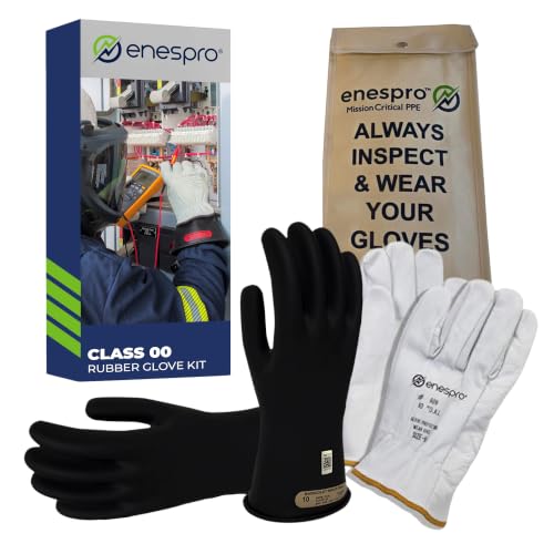 Enespro Class 00 Insulated Electrical Gloves Kit, 500V AC/750V DC, Size 10 | ASTM D120 and NFPA 70E Rubber Glove Set with Leather Protectors and Storage Bag for Power Crews and Utility Workers, Black