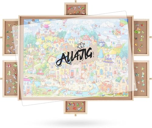 Image of ALL4JIG 1000 Pieces Rotating Puzzle Board with 6 Drawers and Cover,22 inchx30 inchPortable Wooden Jigsaw Puzzle Table for Adults,Lazy Susan Spinning Puzzle Boards Birthday Gift for mom