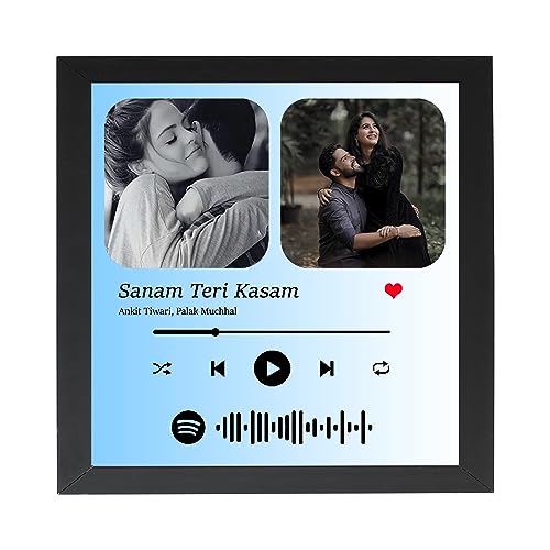 Image of Personalized Spotify Song Wall Mount Barcode With Two Photo & Song Name Digital Print Wooden Rectangular Photo Frame For Birthday Gifts - Blue & White - 8X8 Inch