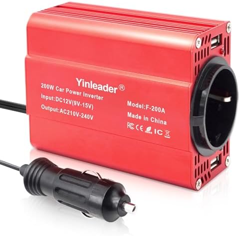 Wechselrichter 200W 12V zu 230V 2 USB-Euro-Steckdosen Kfz-Spannungswandler Kfz-Zigarettenanzünder-Adapter Rot