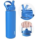 TOURIT 24 oz Insulated Stainless Steel Water Bottle With Straw, Double Wall Vacuum Metal Thermos for Cold and Hot Drinks, Leak Proof BPA Free Flask for Sports and Travel, Blue