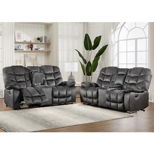 Image of HAOMARKETS Manual Reclining Loveseat Sofa Set of 2 for Living Room, 77 inch Wide Overstuffed 2-Seater Recliner Couch with Cup Holders & Storage Console, Breathable Fabric, Grey