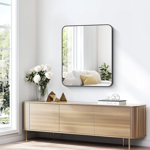 Image of KOCUUY 30x36 Inch Rectangle Bathroom Mirror with Black Metal Frame,Modern Design of Wall Mounted Upgraded Shatterproof Glass, Rounded Corners for Bedroom, Living Room, Entryway