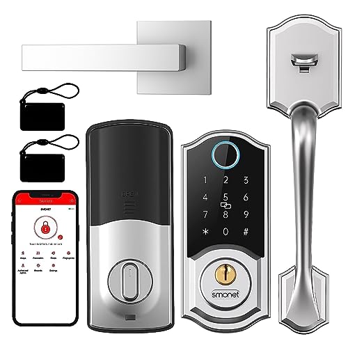 Smart Front Door Lock Set: SMONET Keyless Entry Door Lock with Handle, Smart Front Door Handle Set, Fingerprint Smart Deadbolt Bluetooth Electronic Digital Keypad Lock, Auto Lock, Alexa Lock Silver