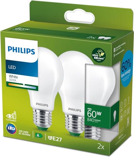 Philips LED Ultra Efficient Light Bulb 2 Pack A Label Energy Rating [White 3000K - E27 Edison Screw] 60W A60 Frosted. for Home Lighting.