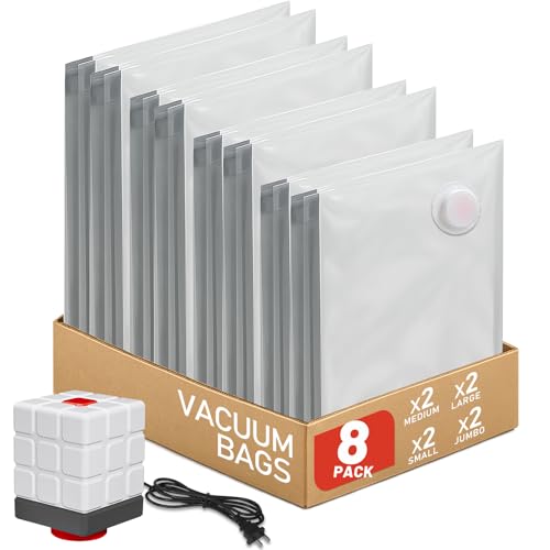 Vacbird Sacchetti Sottovuoto Vestiti con Pompa Elettrica, Confezione da 8 (2 jumbo, 2 grandi, 2 medi, 2 piccoli), Riutilizzabile Sacchi Sottovuoto Piumoni per Biancheria da letto, Viaggi, Traslochi