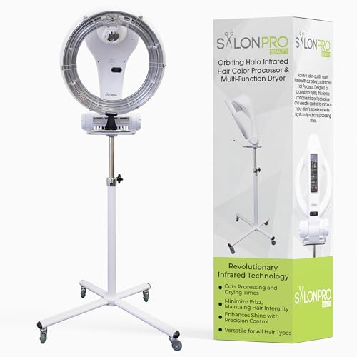 Orbiting Halo Professional Infrared Hair Color Processor & Multi-Function Dryer Accelerator w/Rolling Base - Heavy Duty Adjustable Standing Hair Dryer - Hair Salon Equipment - White (SalonPro)