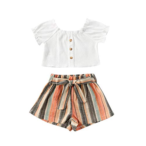 Toddler Kids Baby Girls Summer Clothes Short Puff Sleeve Crop Tops Vertical Stripes Shorts Pants 2PCS Outfits Set (Multi-Tan, 4-5 Years)
