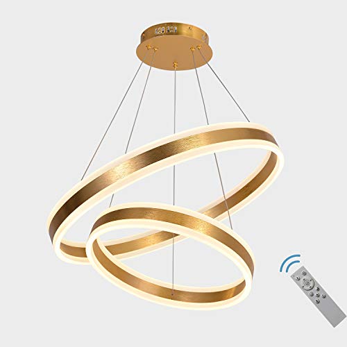 80% Off Discount AKEELIGHTING Modern Led Chandeliers Gold Pendant Lighting Contemporary 2 Ring LED Dimmable Dining Room Lighting with Remote Bedroom Neutral White 4000k