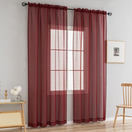 Image of MYSTIC-HOME Burgundy Sheer Curtains 108 Inch Length 2 Panels Set, Extra Long Light Filtering Solid Voile Window Drapes for Living Room Party Ceremony, 52 inch Wx108 L, 9FT Length, Set of 2, Burgundy