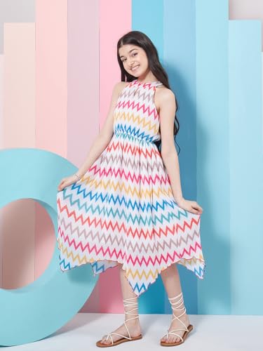Image of Pspeaches Stylish Girl's Geometric Printed Fit Flare Midi Dress White Color Trendy Outfit Fashionable Kids' Dress