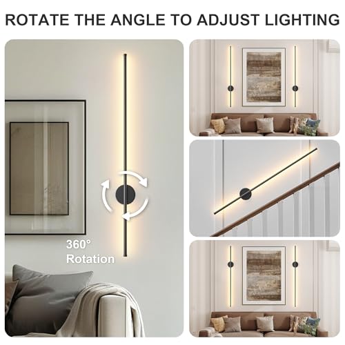 Image of Battery Operated Modern Wall Sconces Set of Two,Rechargeable Wireless Wall Lights with Remote Control,Dimmable,3CCT,Timer,360Rotation,Cordless Lighting for Bedroom,Living Room,Hallway,Black,39.3 Inch