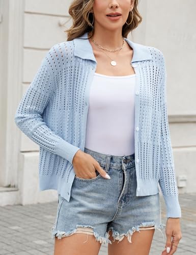 Image of Womens Lightweight Crochet Hollow Out Cardigans Open Front Knit Button Down Cardigan Lapel Cropped Sweaters Summer