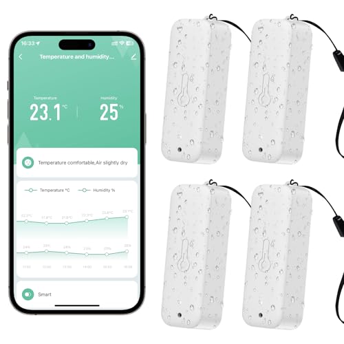 WIOONI WLAN Hygrometer Thermometer Innen Außen, WiFi Thermometer mit Remote-App-Benachrichtigungsalarm, Mini Außenthermometer für Gewächshaus Babyzimmer Keller Inkubator, Kompatibel Alexa, 4 Pack