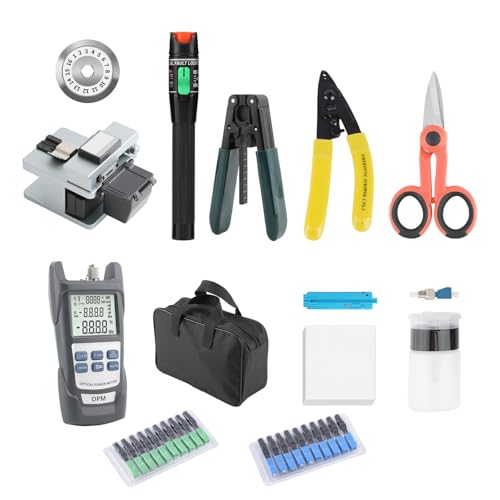 Glasfaser Werkzeug Set mit LWL Cleaver, Optischer Leistungsmesser, 50MW 50KM LWL Tester, 10x SC/UPC SC/APC Glasfaser Adapter, Glasfaser-abisolierzange und Faser Stripper