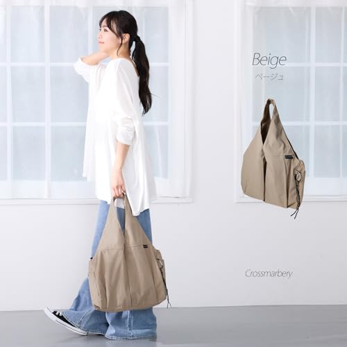 [クロスマーベリー] 大きいトートバッグ おしゃれ レディース 大容量 旅行 軽量 チャック付き ナイロン 可愛い ファスナー付き トートバッグ ポケット多い a4 肩掛け 通勤 R62 ベージュ