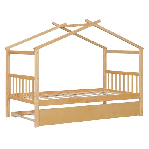 Image of Twin Size Creativity House Bed with Roof Frame and Twin Size Trundle, Montessori Wooden Platform Bed with Sturdy Slats Support for Kids Teens Girls Boys, No Box Spring Needed (Natural-02, Twin)