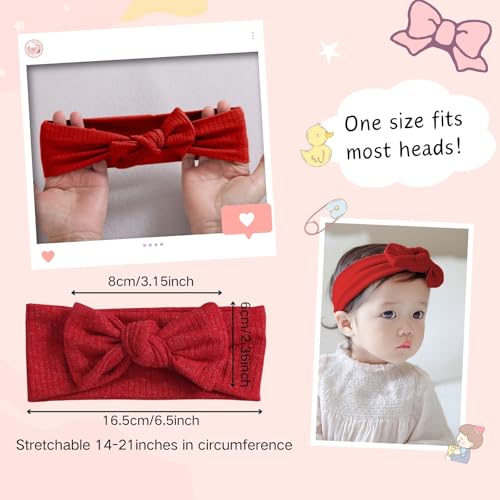 Cute Bow Baby Girl Headband Soft Stretch Cotton Head Wrap with Knots Tied Wide Nylon Turban for Newborn Infant Toddler Shower Birthday (Red B, Elastic)4