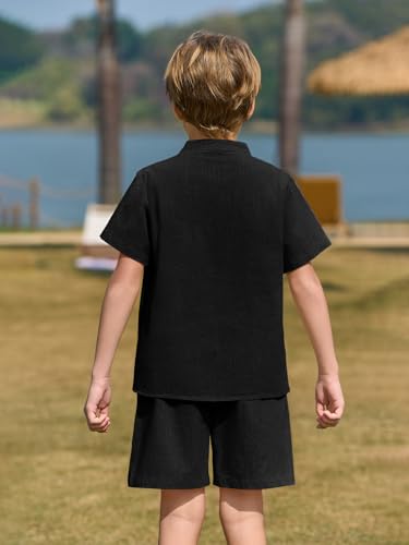 Image of Haloumoning Boys 2 Piece Cotton Set Kids Casual Henley Shirts Short Sleeve Beach Shorts Summer Outfits 5-14 Years