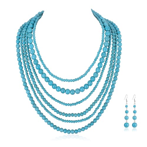 Image of Montana West Rustic Couture's Turquoise Collar Long Layered 2 Pieces Beaded Necklace Jewelry Set for Women Cowgirl Earrings RNS-1010TQ