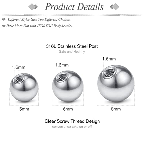 JFORYOU 14G Replacement Balls for Piercing Jewelry 18Pcs Externally Threaded Surgical Steel Balls Industrial Barbell Tongue Nipple Navel Belly Button Piercing Rings Parts 5MM-8MM2