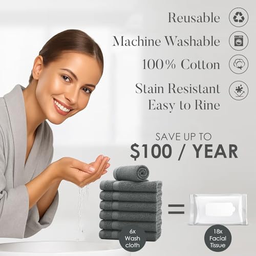 Image of DAN RIVER 12-Pack Premium 100% Cotton Gray Face Towels for Bathroom - Reusable Face Wash Cloths for Showering 12x12 Inches - 550 GSM Super Soft & Absorbent Luxury WashCloths for Body, Spa & Gym
