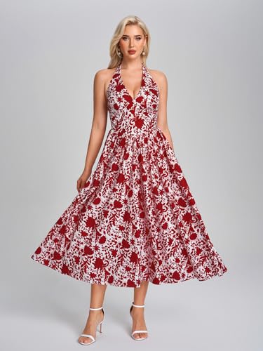 Image of Parthea Women's Gingham Halter V Neck Midi Dress Corset Smocked Sundress Flowy A Line Wedding Guest Dresses