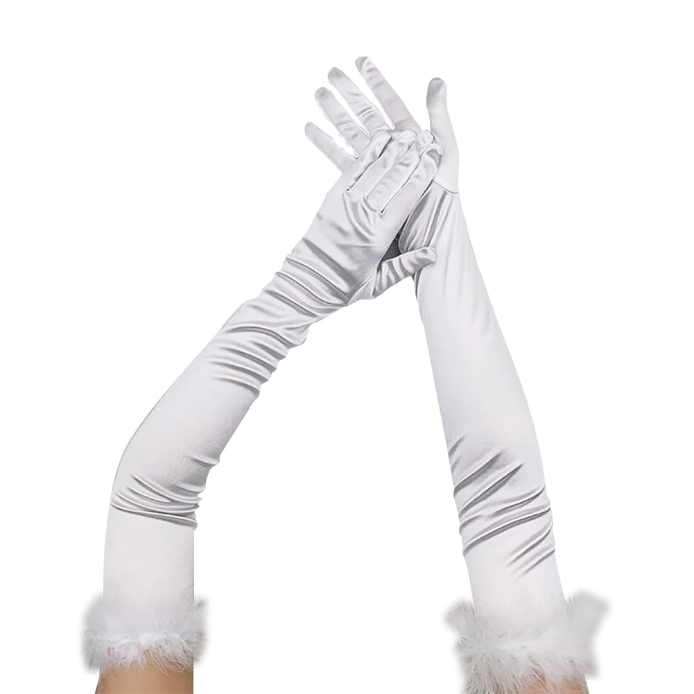 Hugede Women's White 55Cm Satin, Faux Feather Elbow Length Opera Gloves For Formal Events, Weddings, Parties