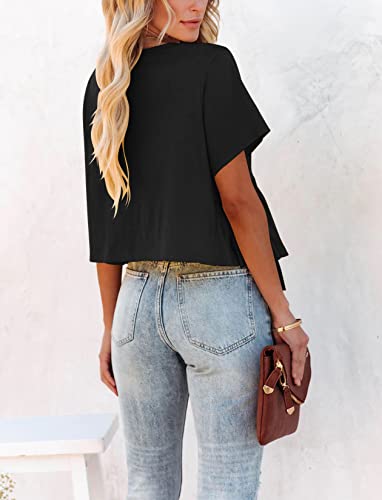 Fanway&EC Women's Short Sleeve V Neck Blouses Ruffle Hem Tie Front Crop Tops Lightweight Basic Summer Tops2