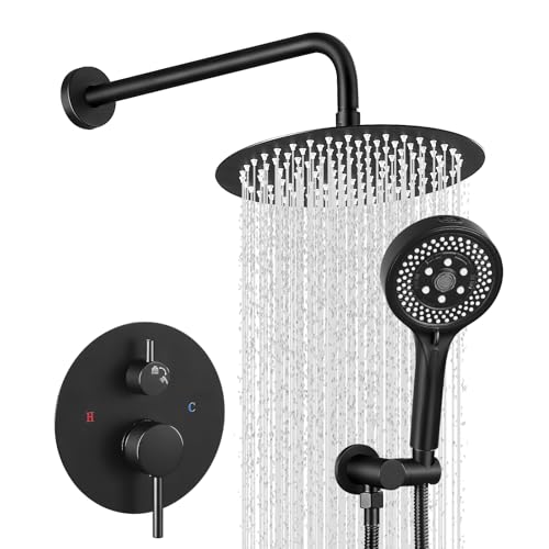 Juego de grifería para ducha de pared de 10 pulgadas, acabado negro mate, cuerpo de válvula | Acero inoxidable 304 resistente a la corrosión, tecnología Air Tech que aumenta la presión un 50 %, diverter de 2 funciones, conexión NPT 1/2