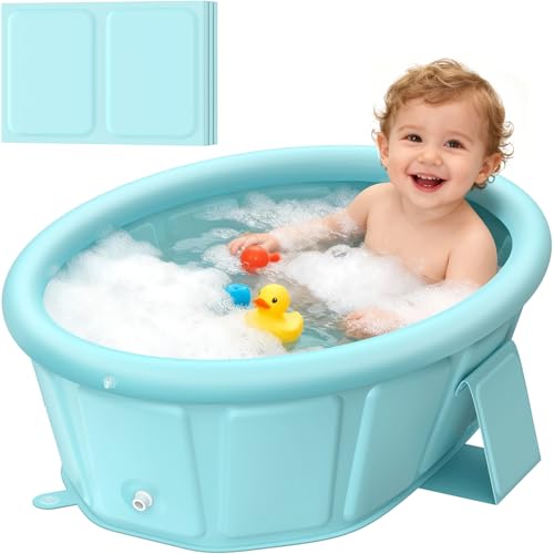 Baby Bathtub with Inflatable Top Edge, Extra Stable Infant Bath Tub, Collapsible & Portable for Baby Bath Time, No Tilt Design for 12M-6Y Newborn to...