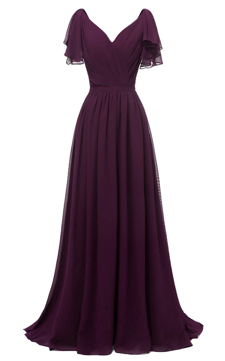 Wseyu Women's Plum Chiffon Ruffle Sleeves Bridesmaid Dress Ruched Formal Evening Gown For