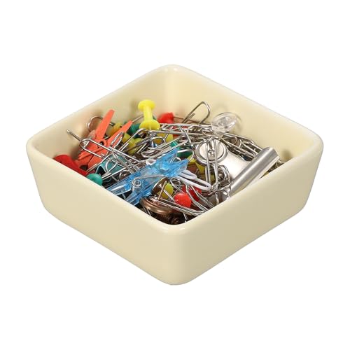 PATIKIL Square Paper Clip Holders, Ceramic Bowl Dish Clip Dispenser Organizer Desk Organizer Accessories for Office Desktop Decor Bobby Pin Binder Paper Clamp, Cream Yellow