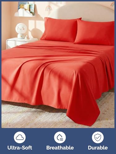 Image of Kids Full Size Bed Sheet Set - 4 Piece Kids Loft Bed Sheets - Solid Red Themed Bedding - Soft, Cute and Cozy - Breathable and Machine Washable - Bedding for Boys, Girls, Teens & Toddlers - Oeko-Tex