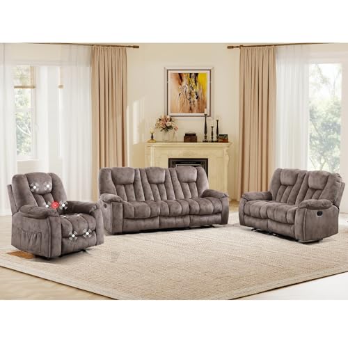 EBELLO 3 Pieces Recliner Sofa Furniture Set, Manual Recliner Chair with Massage and Heat, Loveseat and 3 Seat Reclining Couch Set for Living Room, Light Brown