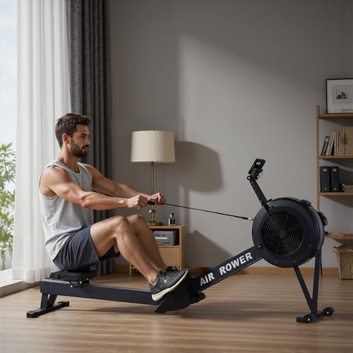 Eeeza Air Rowing Machine for Home Use - Commercial-Grade Rower Machine Foldable Air Rowing Machine with 10-Level Resistance, Bluetooth Backlit Monitor, Adjustable-Angle Device Holder - 350LBS Load