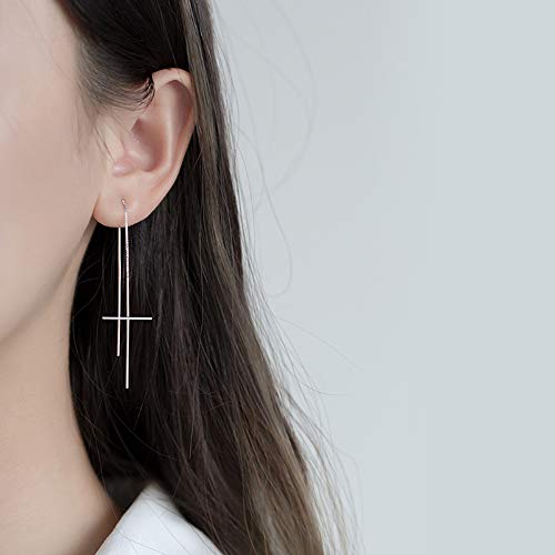 Minimalist Cross Tassel Threader Dangle Drop Earrings S925 Sterling Silver Fashion Long Chain Ear Line Dangling Faith Hope Huggie Hoop Earring Cute Jewelry Gifts for Women Girls2