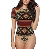WOEZKEX Women's Crew Neck Short Sleeve Bodysuit Ethnic Aztec Indiana Western Southwest Retro Vintage Pattern Body Suits Basic T-shirt Tops