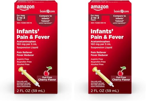 Image of Amazon Basic Care Infants' Pain & Fever, Acetaminophen 160 mg per 5 mL, Suspension Liquid, Dye-Free Cherry Flavor, 2 fl oz (Pack of 2)