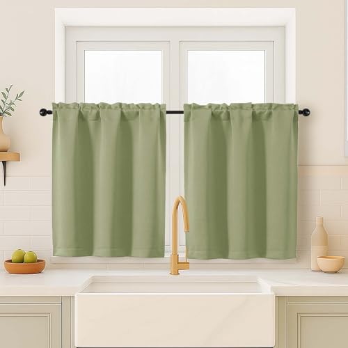 Image of Sage Green Curtains for Small Window Treatment, Light Blocking Short Kitchen Window Curtains Over Sink, Dual Rod Pocket Half Window Tiers for Bathroom Basement, Each 40Wx36L, 2 PCS