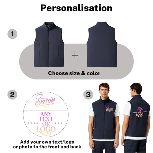 WUWWUT Personalisierbare Softshell-Weste für Herren, Sportweste, individuelle Arbeitsweste mit Reißverschlusstasche, leicht, ärmellos, Softshell-Jacke, Schwarz , XL